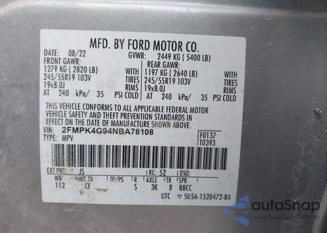 2022 Ford Edge Se from USA, damaged, VIN 2FMPK4G94NBA78108